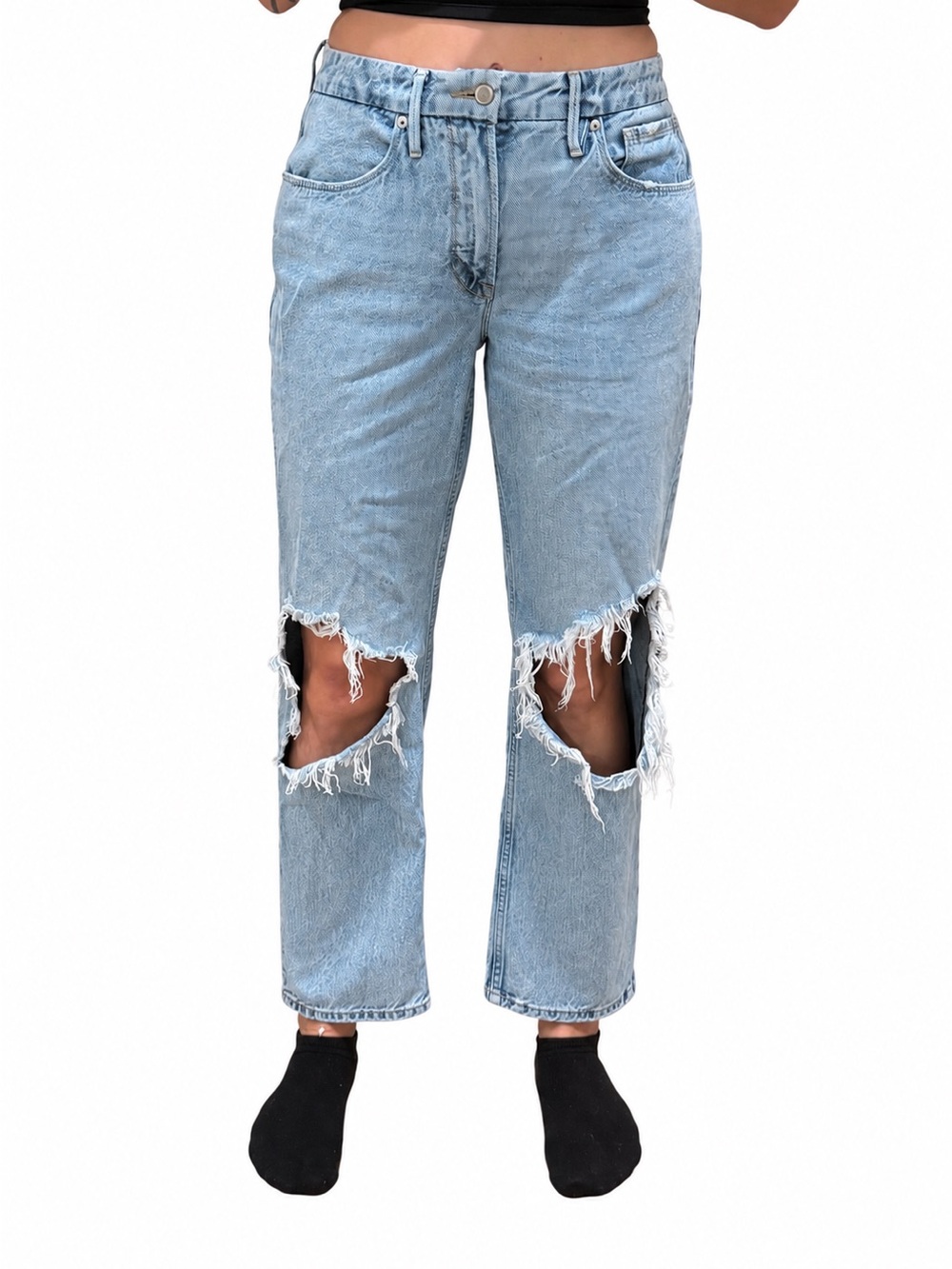 Good American Light Wash Distressed Women’s Jeans - Light Blue Ripped Knee